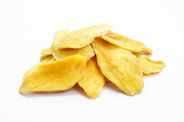 Slices of dried mango isolated white background