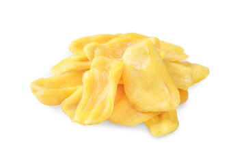 Close up of a pile of dried jackfruit chips isolated on white background. Sugar granules wrap around the dried jackfruit.