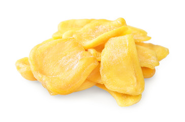 Close up of a pile of dried jackfruit chips isolated on white background. Sugar granules wrap...