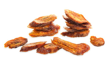 Slices of dried banana isolated white background