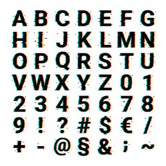 Vector illustration of a font with letters, numbers, signs, and symbols.