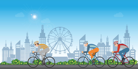 Group of cyclists man in road bicycle racing on city view background.