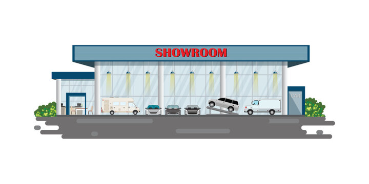Modern car dealership centre showroom building.