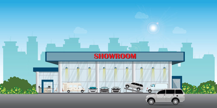 Modern car dealership centre showroom building includes cars on the display  and test drive car. vector de Stock | Adobe Stock