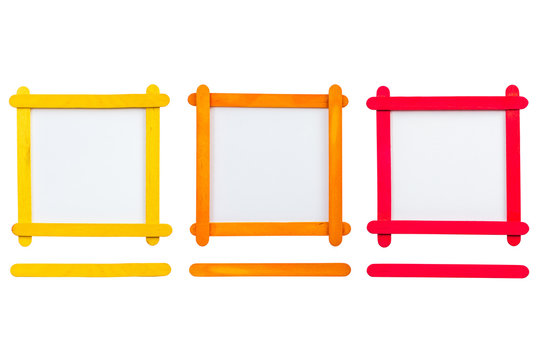blank photo frame made of color popsicle wood sticks isolated on white background