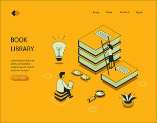 Isometric image on yellow background of book library. Visualization of characters in the library, a man holding a list, a girl climbs the stairs and pulls out a book. Vector illustration.