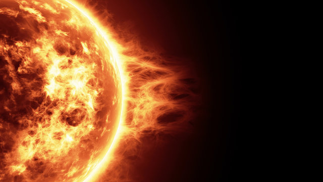 Realistic 3d illustration of Sun surface with solar flares, Burning of the sun with copy space. Highly realistic sun surface. Science and space background.