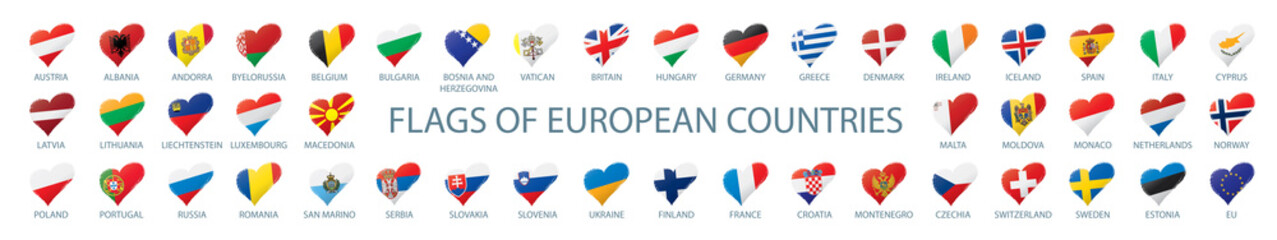 Collection of vector flags of Europe in the form of hearts