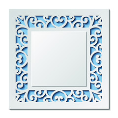 Laser cut template of wedding invitation. Square card with abstract ornament. Vector illustration background. White 3D paper cut silhouette for Valentine's day. Panel for wood carving, diecut pattern.