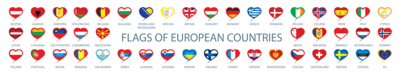 Collection of vector flags of Europe in the form of hearts