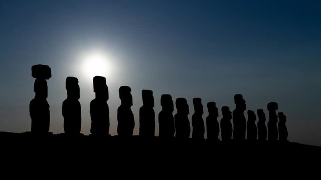 Moai Statues in Easter Island at Sunset, Rapa Nui National Park, Chile