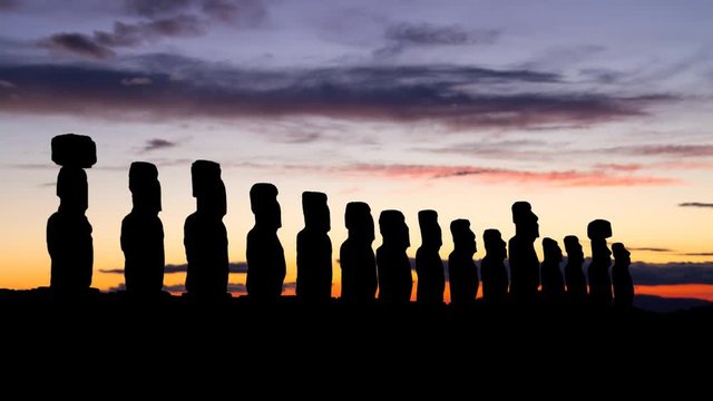 Moai Statues in Easter Island at Tilight, Rapa Nui National Park, Chile