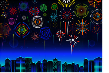 set of fireworks festive display over the cityscape, at night blue sky scene   holiday or celebration. easy to modify