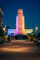 City Hall at night, in downtown Los Angeles, California