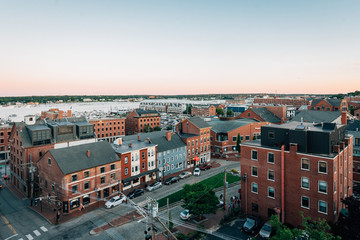 Cityscape view of Portland, Maine at sunset