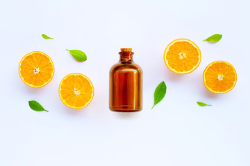 High vitamin C. Fresh orange citrus fruit with essential oil isolated on white