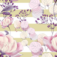 Seamless pattern with pink flowers and leaves on a bright background, watercolor floral pattern, flower rose in pastel color, tillable for wallpaper, card or fabric.