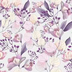 Seamless pattern with pink flowers and leaves on a bright background, watercolor floral pattern, flower rose in pastel color, tillable for wallpaper, card or fabric.