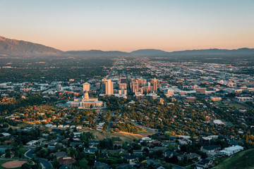 View of the downtown skyline at sunset, from Ensign Peak, in Salt Lake City, Utah