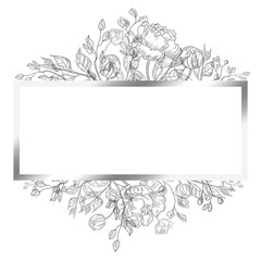 Elegant frame of flowers black and white. Beautiful outlines of peonies and stems with leaves. Suitable for invitations.