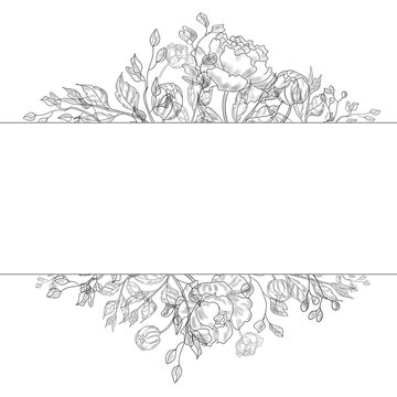 Elegant frame of flowers black and white. Beautiful outlines of peonies and stems with leaves. Suitable for invitations.