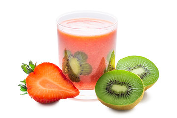 blended strawberry juice in transparent glass decorated kiwi and strawberry isolated on white background, concept healthy drink