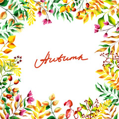 Fototapeta premium Autumn frame. Red berries and yellow leaves. The bright foliage. Beautiful bright and colorful pattern. Suitable for invitations and cards. 