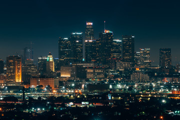 Fototapeta na wymiar The downtown Los Angeles skyline at night from Ascot Hills Park