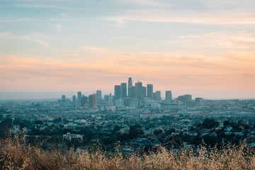 View of the downtown Los Angeles skyline at sunset from Ascot Hills Park