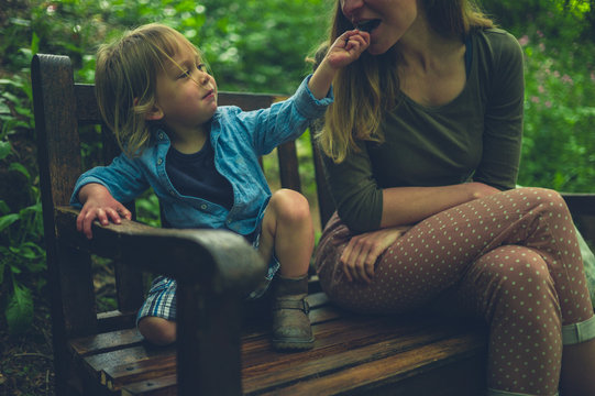 Little toddler sharing chocolate bar with his mother on bench in the woods