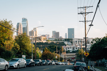 Street and view of the downtown skyline in Los Angeles, California
