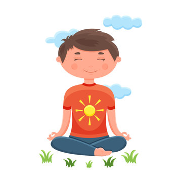 Young boy meditates in thoughts relaxing sitting at grass outdoors in lotus pose surrounded by clouds. Vector illustration colored flat isolated on white background