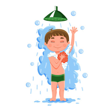 A young teen boy takes a shower while standing under a stream of water, washes a bath sponge, soaps fly soap bubbles. Vector illustration colored flat isolated on white background