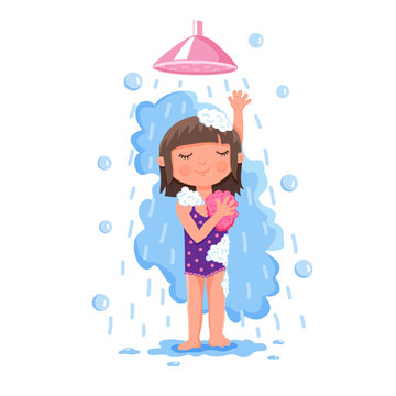 A young teen girl takes a shower while standing under a stream of water, washes a bath sponge, soaps fly soap bubbles. Vector illustration colored flat isolated on white background