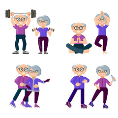 Active older people are engaged in sports. Set of sports for the elderly.