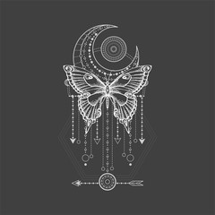 Vector illustration with hand drawn butterfly and Sacred geometric symbol on black background. Abstract mystic sign.