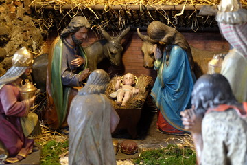 Nativity scene, creche, or crib, birth of Jesus in Barmherzigenkirche church in Graz, Styria,...