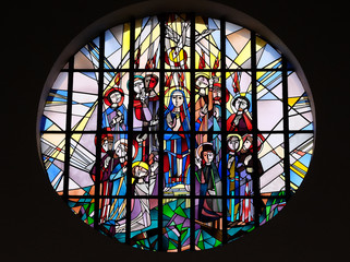 Pentecost, stained glass window in the Saint Lawrence church in Kleinostheim, Germany