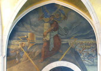 Moses receives ten commandments, fresco in the church of St. Mark in Zagreb, Croatia