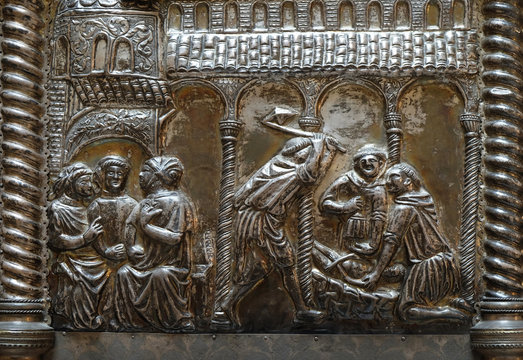 Bass relief with images from the life of St. Simeon, Saint Simeons chest at the atrium of Croatian Academy of Sciences and Arts in Zagreb