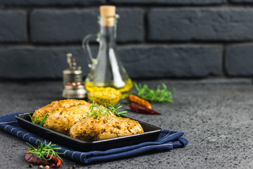 Honey mustard roasted chicken breast  with rosemary and olive oil. Selective focus, space for text.