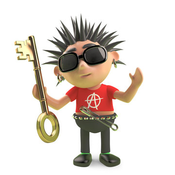 Spiky punk rock cartoon character holding a gold key, 3d illustration render