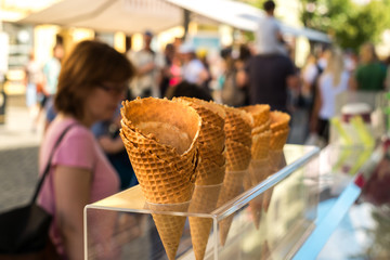 Waffle cones in an ice-cream shop