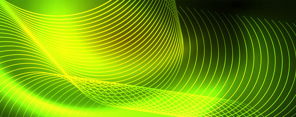 Bright neon circles and wave lines, glowing shiny background design template, digital techno concept.