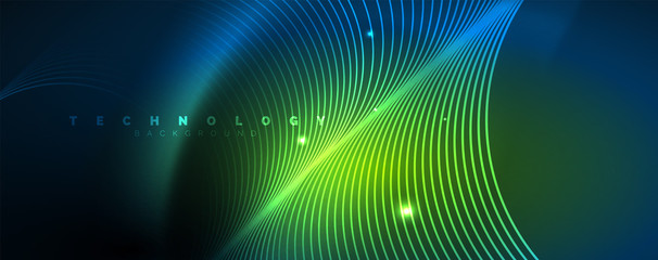Fototapeta na wymiar Trendy neon blue abstract design with waves and circles. Neon light glowing effect. Abstract digital background.