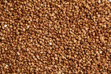 Buckwheat grains, brown seeds, background, texture. Grechka