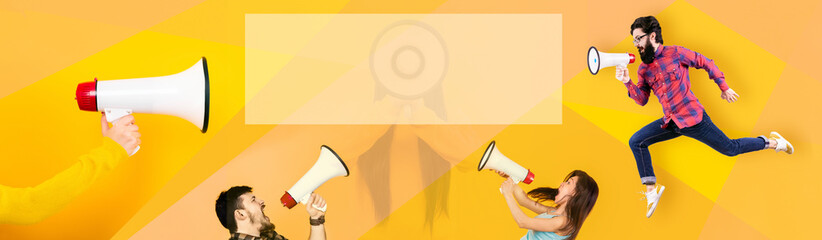 people shouting into a megaphone, attention concept announcement, over yellow background, ...