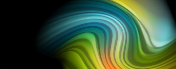 Abstract wave lines fluid rainbow style color stripes on black background. Artistic illustration for presentation, app wallpaper, banner or poster