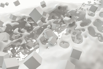 Purity splashing milk with flying cubes, 3d rendering.