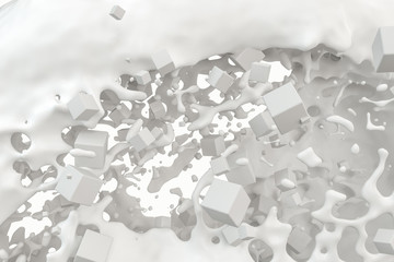 Purity splashing milk with flying cubes, 3d rendering.